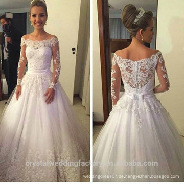 Vestidos De Noiva Spitze Brautkleider 2016 Bootshals Langarm Applikationen Bänder Ballkleid Brautkleid CWFW2385